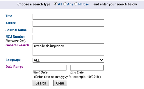 screenshot/example of search entry box with term (juvenile delinquency) entered into General Search input box, ALL selected for Search Type, and default of ALL selected for Language list box