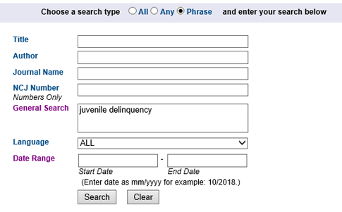 screenshot/example of search entry box with term (juvenile delinquency) entered into General Search input box, PHRASE selected for Search Type, and default of ALL selected for Language list box